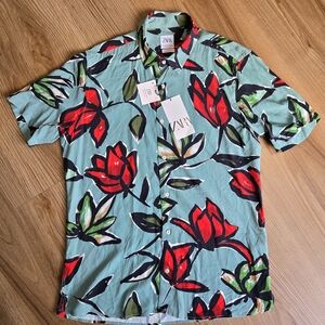 Zara Men's Casual Floral Shirt - Red and Green